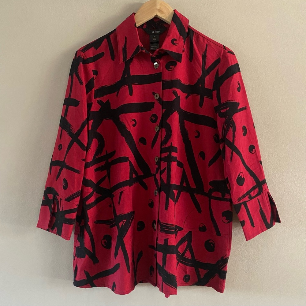 Ali Miles Women’s Red Black Abstract Button Down Tunic Pockets Artsy Size PL